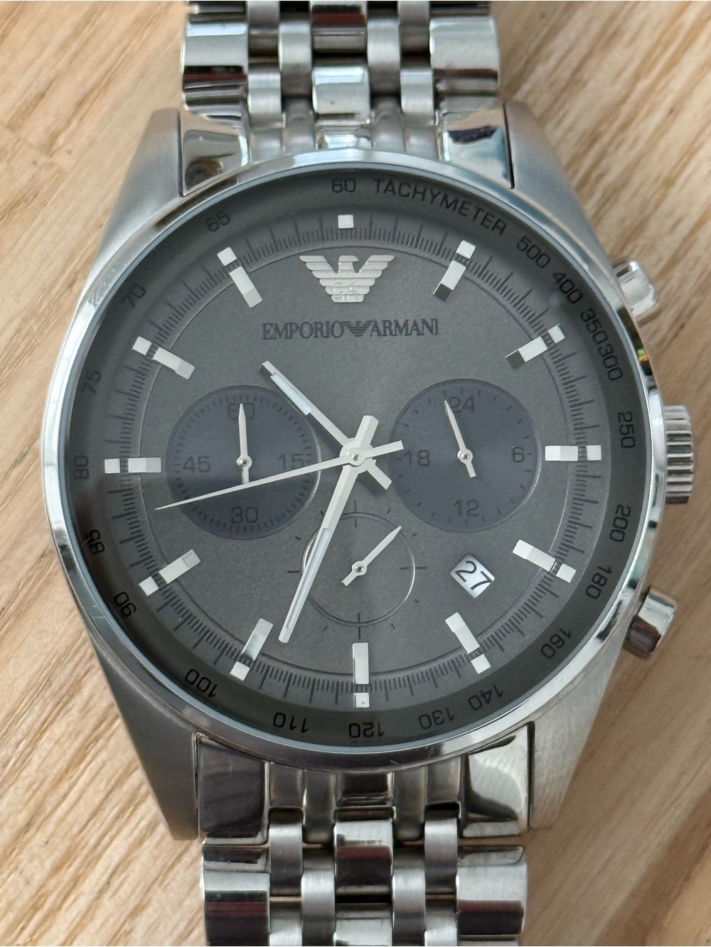 Emporio Armani Chronograph Watch Gray Dial Stainless Bracelet Case Date